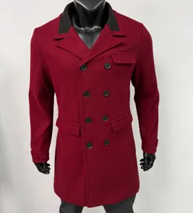Men's double-breasted wool trench coat with contrast lapel, thick warm winter jacket detail view.