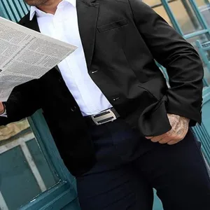 Men black casual suit blazer detail view, slim fit formal wear jacket for business and daily.