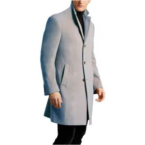 Stylish men's light blue wool blend overcoat with stand collar for autumn and winter wear.