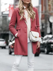 Vrouwen stijlvolle wollen mix jas lange mouw enkelrijige knopen casual bovenkleding