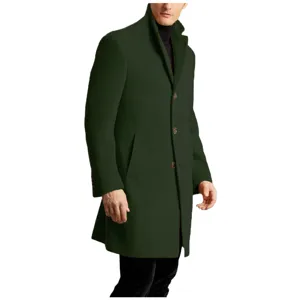 Detailed view of mens dark green wool blend coat with stand collar and button front closure.