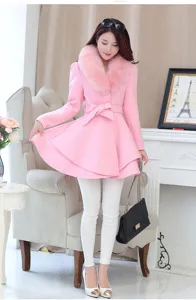 Abrigo de mujer rosa de lana con cuello de pelo corte slim prenda de invierno elegante chic
