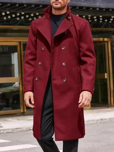 Men's double-breasted wool blend overcoat winter long trench coat outerwear burgundy