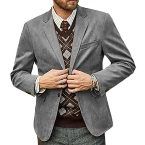 Stilvoller Herren Casual Blazer kombiniert mit vintage Argyle Pulloverweste für den Herbst.