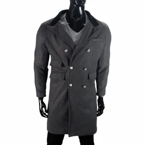 Men's dark grey wool blend overcoat with double breasted buttons and lapel collar winter