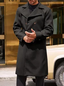 Men's black double-breasted woolen trench coat, thick winter outwear with classic lapel.