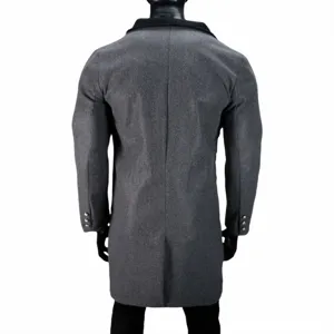 Detailed view of the back of the grey men wool coat, showing collar and button cuff details.