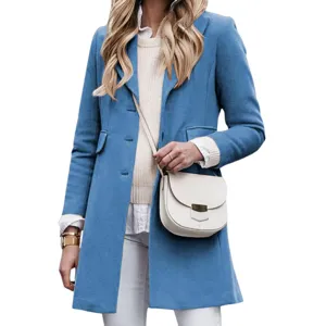 Vrouwen blauwe elegante wollen jas enkelbrede revers lange mouwen winter mode detail