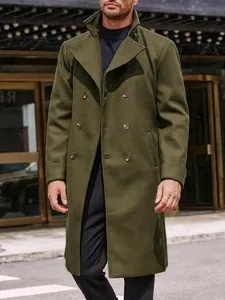 Men's army green double-breasted wool trench coat winter warm stylish casual overcoat.