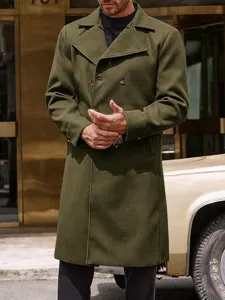 Men's olive green double breasted wool overcoat vintage trench coat winter stylish outerwear