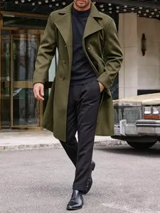 Men's olive green double-breasted wool blend trench coat outdoor lifestyle detail view.