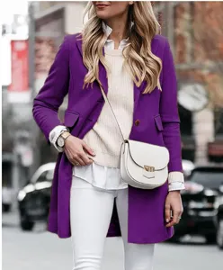 Paarse wollen jas voor dames, lange mouwen single-breasted blazer wintermode bovenkleding.