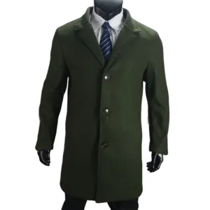 Men's dark green wool blend trench coat detail, classic lapel single-breasted overcoat.