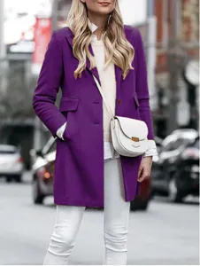 Vrouwen winter paarse wolmix trenchcoat enkel rijet knopen revers kleding gedetailleerd