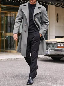 Detailed view of the men's double-breasted grey wool trench coat, showcasing fabric and buttons.