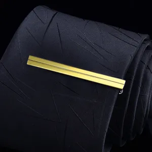 Minimalist gold metal tie clip detail view, elegant 6cm accessory for men's business wear.