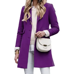 Dames paarse wollen jas herfst winter enkelknoops lang mouw elegante buitenkleding