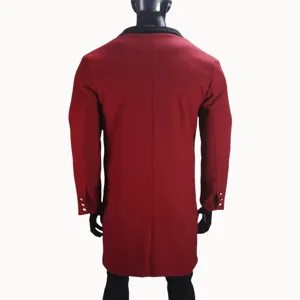 Back detail view of men's red wool blend long coat featuring metal buttons on cuffs.