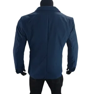 Back view detail of men's casual navy blue blazer jacket, showing tailoring and fit.