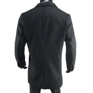 Mens black woolen overcoat detail back view, classic winter warm jacket for men European style.