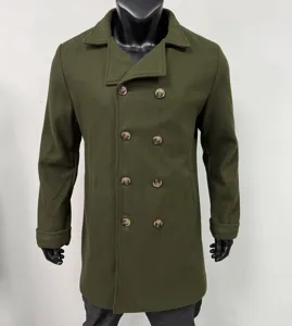 Detail view of men military green double breasted wool coat showing texture and classic lapel.