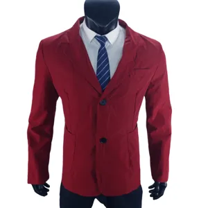 Men red casual blazer jacket detail view, styled with white shirt and blue striped tie outfit.