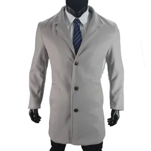 Men's grey wool blend overcoat detailed view, featuring classic lapel collar and single-breasted design.