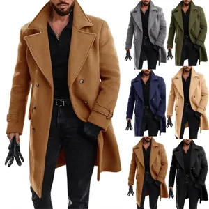 Men's Winter Thickened Wool Blend Overcoat Double Breasted Lapel Trench Coat Casual Long Outerwear Jacket