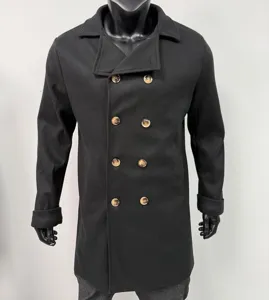 Men's double-breasted black wool blend pea coat featuring classic lapel collar and buttons.