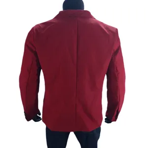 Men red casual blazer jacket back view detail, stylish classic lapel long sleeve coat.