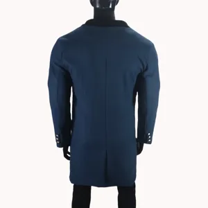 Men's wool blend coat back view, long trench jacket with back slit and cuff buttons.