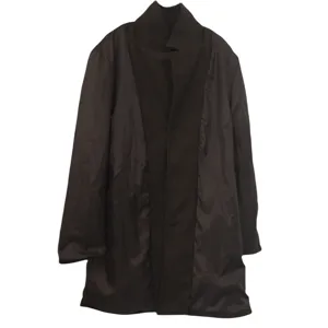 Men's wool blend winter coat detail view, classic lapel design, warm lining, dark tone.