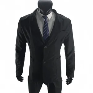 Men's casual black suit jacket detail view showing lapel collar and button design.
