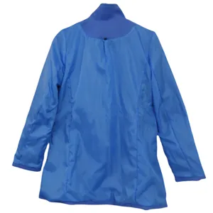 Blauwe vrouwen jas jack rug detail aanzicht herfst winter casual mode kleding stijl