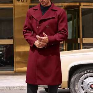 Men's double-breasted wool coat winter thick trench jacket wine red vintage style outerwear