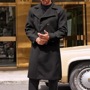 Men black double breasted wool coat vintage trench coat winter warm outerwear overcoat