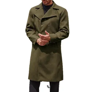 Men's double breasted wool trench coat winter warm classic lapel military green overcoat