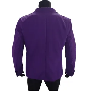 Back view detail of a classic purple men's blazer, featuring solid color and standard lapel.