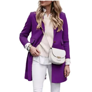 Vrouwen Paarse Wolmix Trenchcoat Lange Mouw Enkele Borst Stijlvolle Casual Bovenkleding