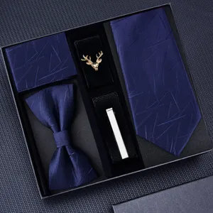 Heren stropdas set in marineblauw met geometrisch patroon, vlinderdas, pochet en dasclip.