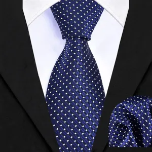 Men's blue dotted grid necktie and pocket square detail shot, elegant business formal wear.