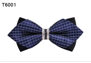 Men's blue plaid bow tie with crystal rhinestone center and black layered accent for wedding formal wear