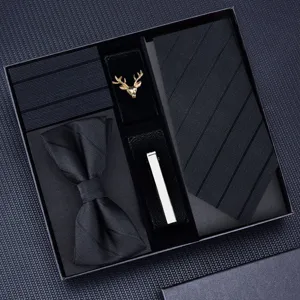 Heren stropdas set geschenkdoos met zwarte das vlinderstrik dasclip pochette en herten speld