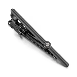 Men's black metal tie clip with rhinestone inlay, classic business formal accessory main view.