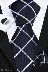 Detailed view of a men's business tie set featuring classic plaid pattern, exquisite texture.