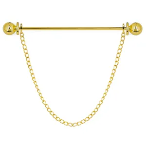 Gold tone metal collar bar pin with hanging chain detail for men dress shirt collar decor.