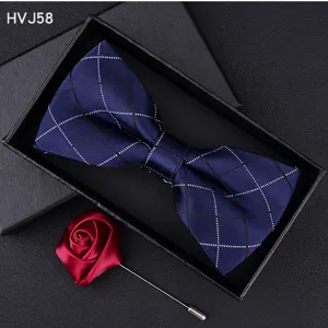 Men's Navy Blue Plaid Bow Tie and Red Rose Brooch Gift Box Set Formal Wear Accessories