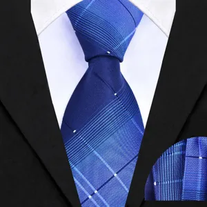 Detail view of the blue plaid necktie and matching pocket square fabric texture.