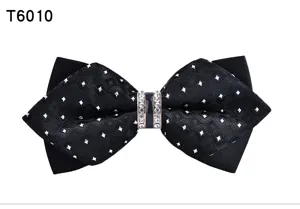 Men formal black pointed bow tie with crystal rhinestones center wedding groom neckwear stylish