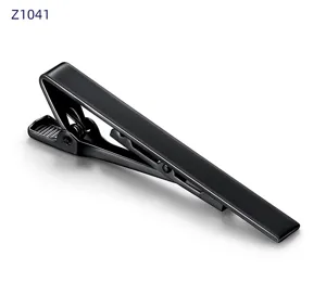 Detailed close-up of black metal tie clip, showing sleek electrophoretic finish and clasp.